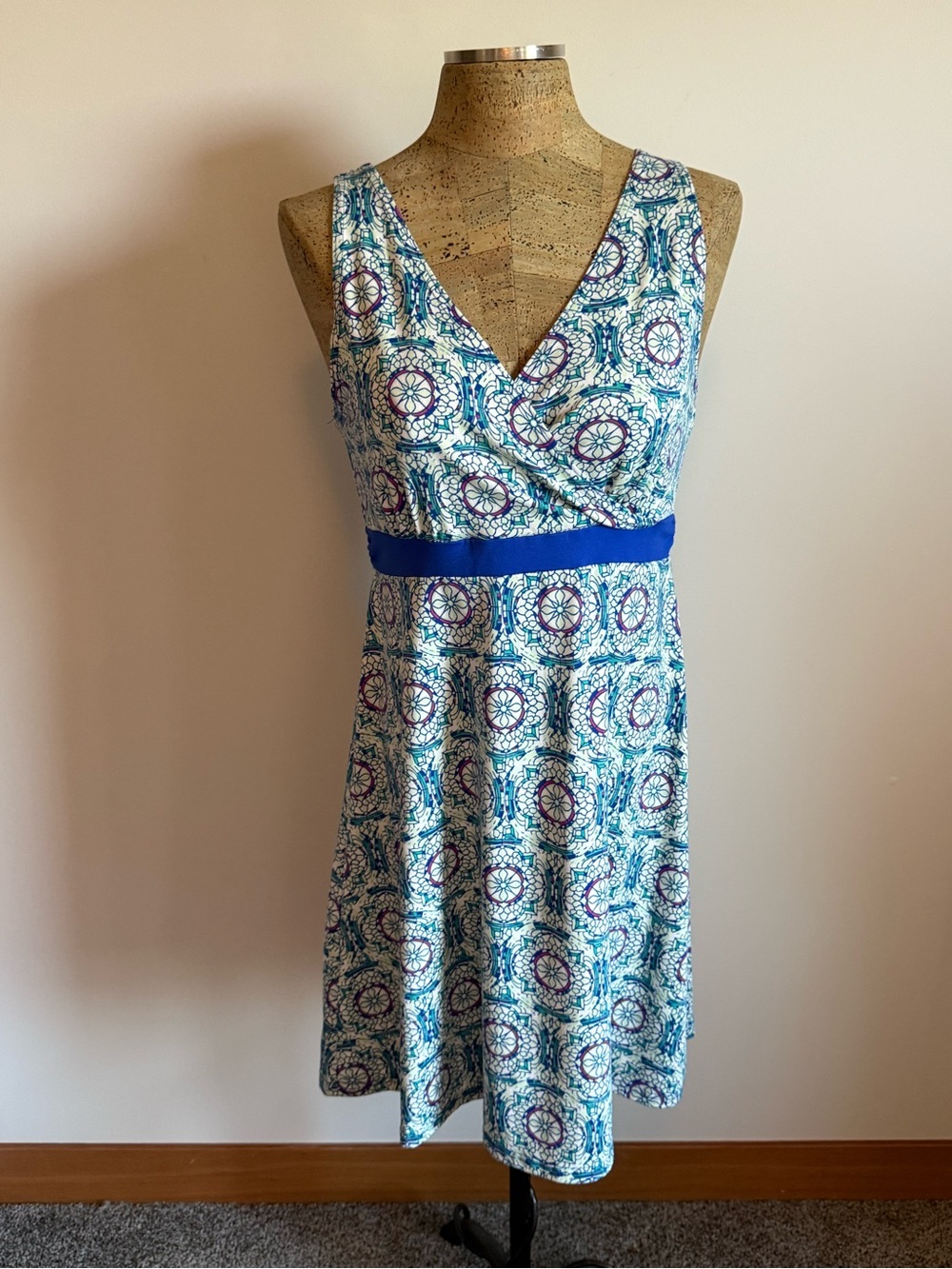 lola Blue and White Printed Sleeveless Midi Dress with Royal Blue Waistband